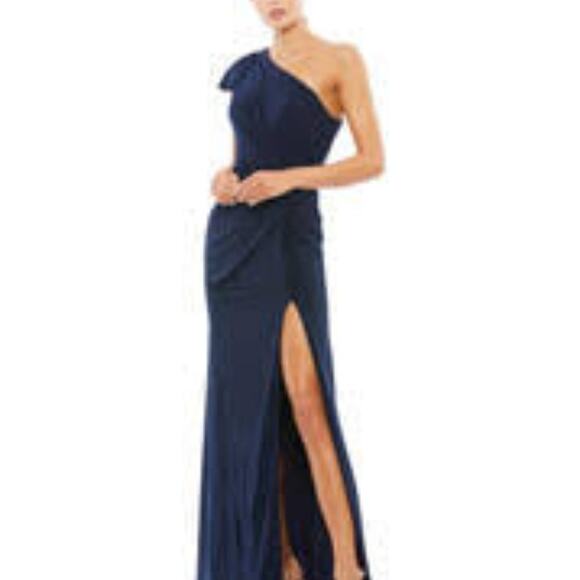 MAC DUGGAL DRAPED ONE-SHOULDER JERSEY GOWN IN COLOR MIDNIGHT SIZE 0 NEW - Picture 1 of 11